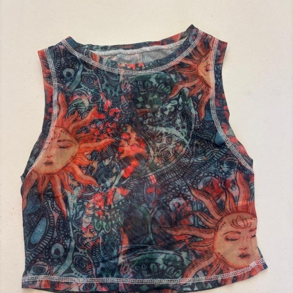 Red/blue mesh crop top with sun and face graphic